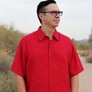 Bamboo Cay Fine Resortwear Men L Coral Geometric Print Short Sleeve‎ Button Up**